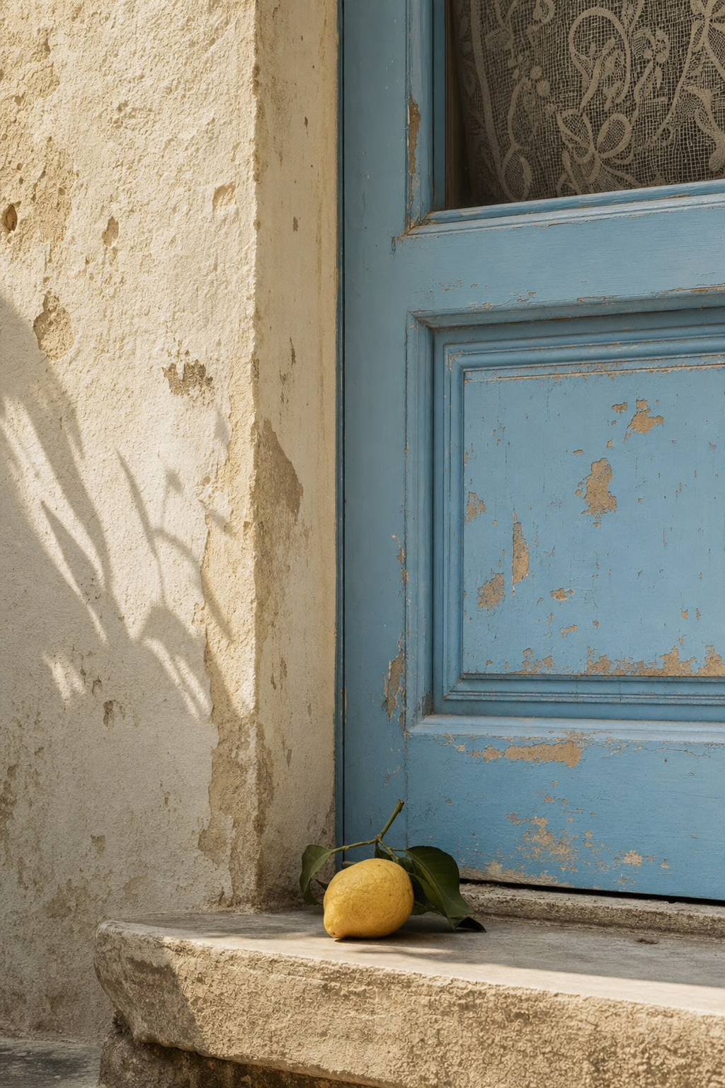 A lemon on a stone step beside a faded blue Italian door